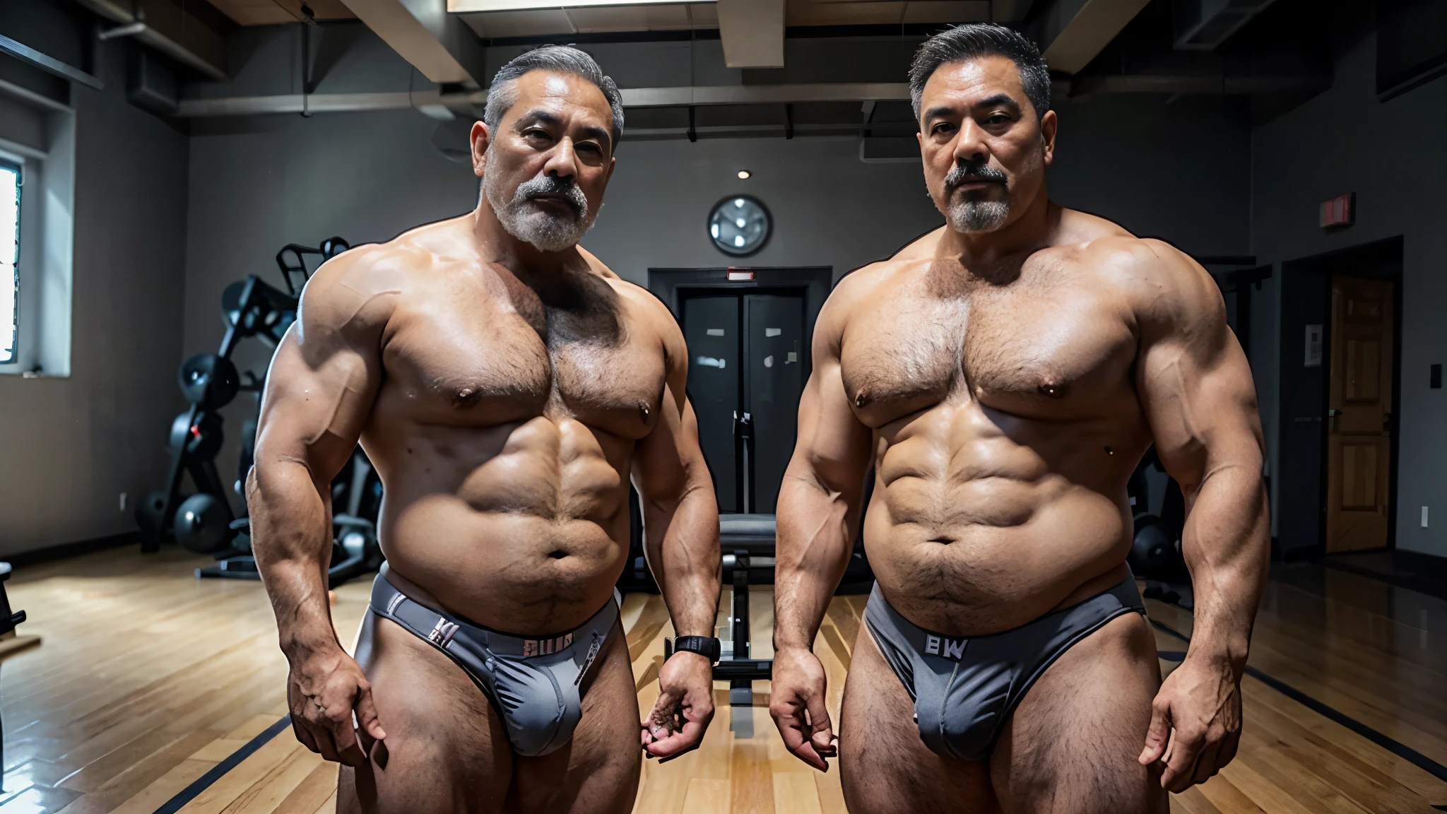 2 Vietnamese grandfathers with gray hair, mature face, a thick gray mustache, a short gray chin beard, bear body, wearing a massive bulging gray jockstraps stand in the gym, have belly, big muscular chest, a sexy pose, show underwear.