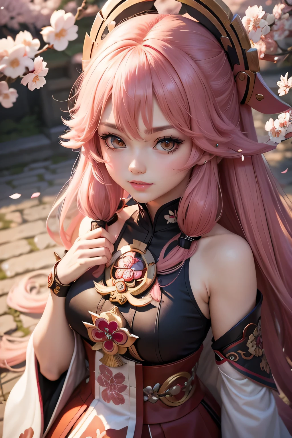 hair bobbles, wince, longeyelashes, solid circle eyes, light smile, ear blush, fang, Surrealism, drop shadow, anaglyph, stereogram, tachi-e, pov, atmospheric perspective, 8k, super detail, ccurate, best quality，A girl，Yae Miko in Genshin，Genshin Impact, Cherry blossom petals surround her, The best anime，Long-haired anime girl holding a sword in front of a cherry tree, anime art wallpaper 4k,