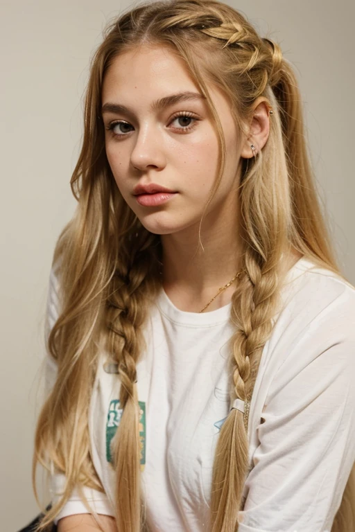  girl, long hair blonde hair in ponytails, plump lips, snub nose, gold piercing in lower lip.