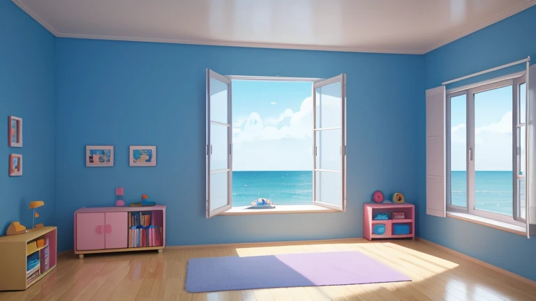minimalist design with a miniature interior. Children's room with wide open windows facing the sea. Beautiful room accessories children's cartoon animated film style, very detailed, 4k, 8k resolution