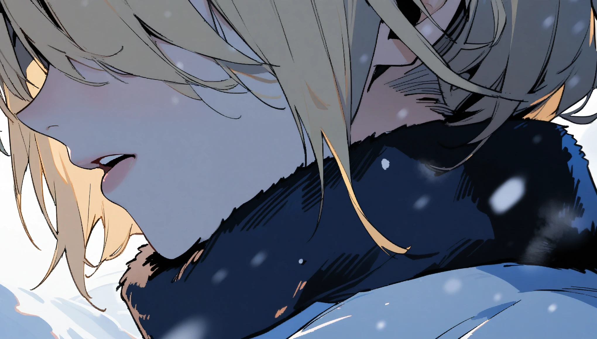 blonde woman, side profile, extreme close up, lower face, mouth parted, no eyes, black fur collar, worried, white and blue uniform, snow, winter