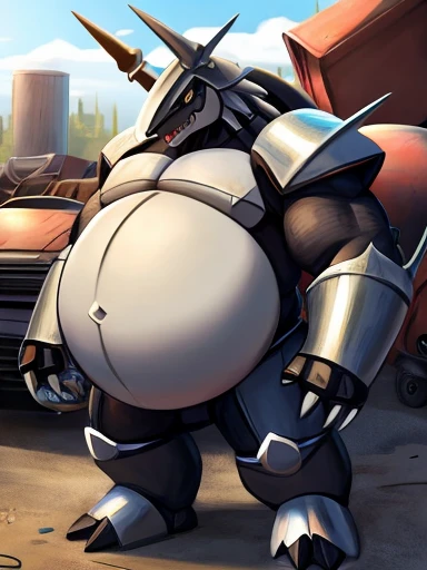 Pokemon Aggron, huge belly, full belly, soft belly, in a junkyard