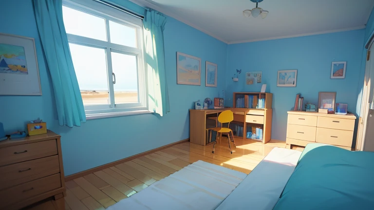 minimalist design with a miniature interior. Children's room with wide open windows facing the sea. Beautiful room accessories children's cartoon animated film style, very detailed, 4k, 8k resolution