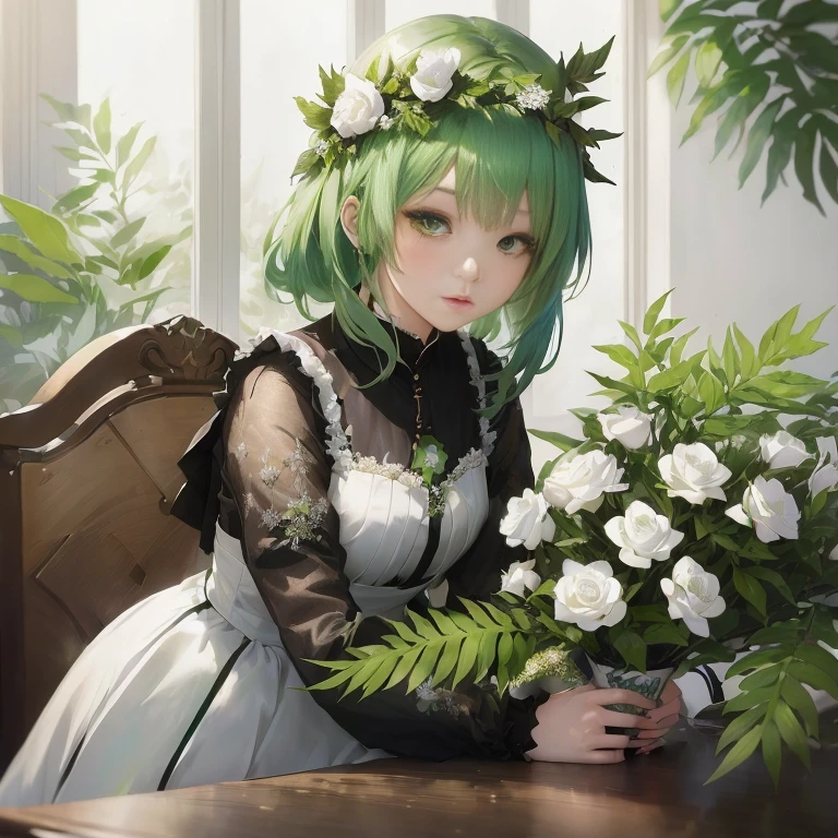 anime girl with green hair and white dress sitting at a table, guweiz on pixiv artstation, guweiz, guweiz on artstation pixiv, artwork in the style of guweiz,  in dress, marin kitagawa fanart, a maid in a magical forest, portrait of lolita, rin, the non-binary deity of spring