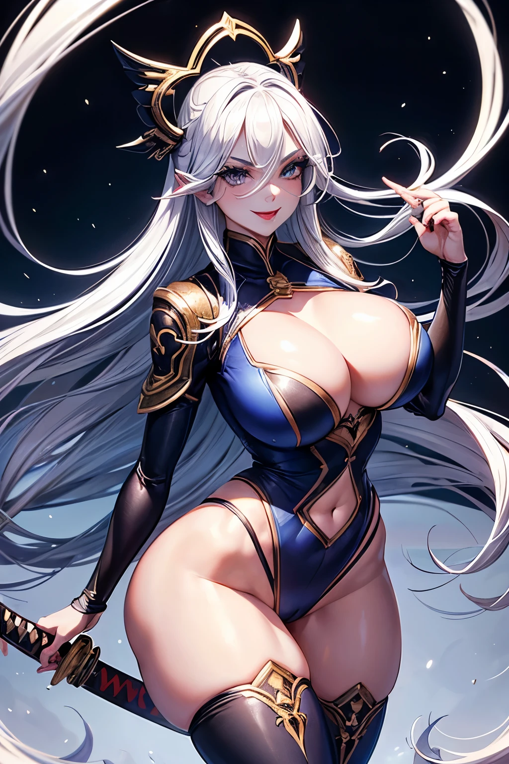 Cheerleader, cute woman, (katana in hand:1.1), big smile, expressive, simple nightscape, confident smile, better quality, blue eyes, glowing eyes, (long eyelashes:1.1), sharp eyes, ultra long hair, ultra detailed hair, ultra detailed hair strands, catwalk, (heavy breasts), (bubble butt), (wide hips:1.1), (slim waist:1.1), (thick thighs:1.1), (detailed face and eyes:1.2), walking down the streets, (night:1.1), starry sky, (ultra detailed lips), (red lips), (detailed hand and finger:1.2), (medium breasts:1.2), (busty), (deep cleavage:1.2), (labia outline:1.3), (hard teat:1.3).