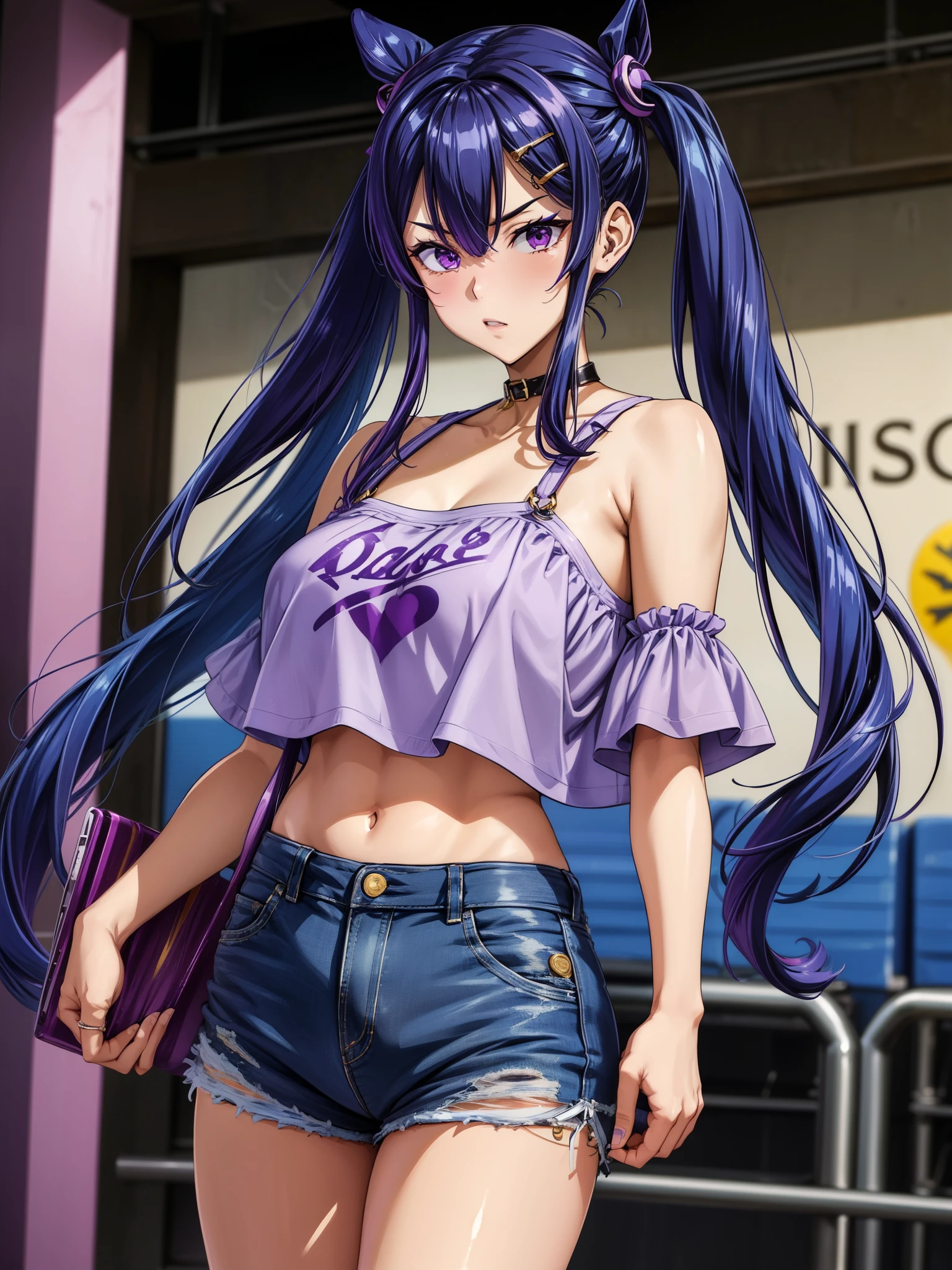 Score_9、Score_8_up、Score_7_up、source_anime、BREAK 1girl、solo、dance、kadlystyl、Cool breeze Aoba、Eyebrow、hair ornaments、Long Hair、Purple Eyes、Purple Hair、Twin tails、、Purple Crop Top、Spaghetti Straps、Denim shorts