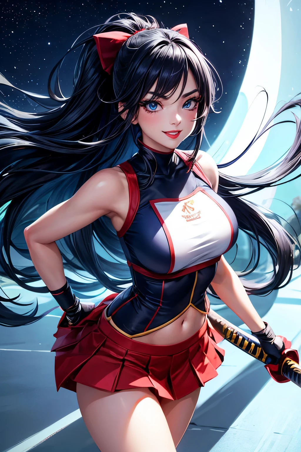 Cheerleader, cute woman, (katana in hand:1.1), big smile, expressive, simple nightscape, confident smile, better quality, blue eyes, glowing eyes, (long eyelashes:1.1), sharp eyes, ultra long hair, ultra detailed hair, ultra detailed hair strands, catwalk, walking down the streets, 8night, starry Sky, ultra detailed lips, Red lips,