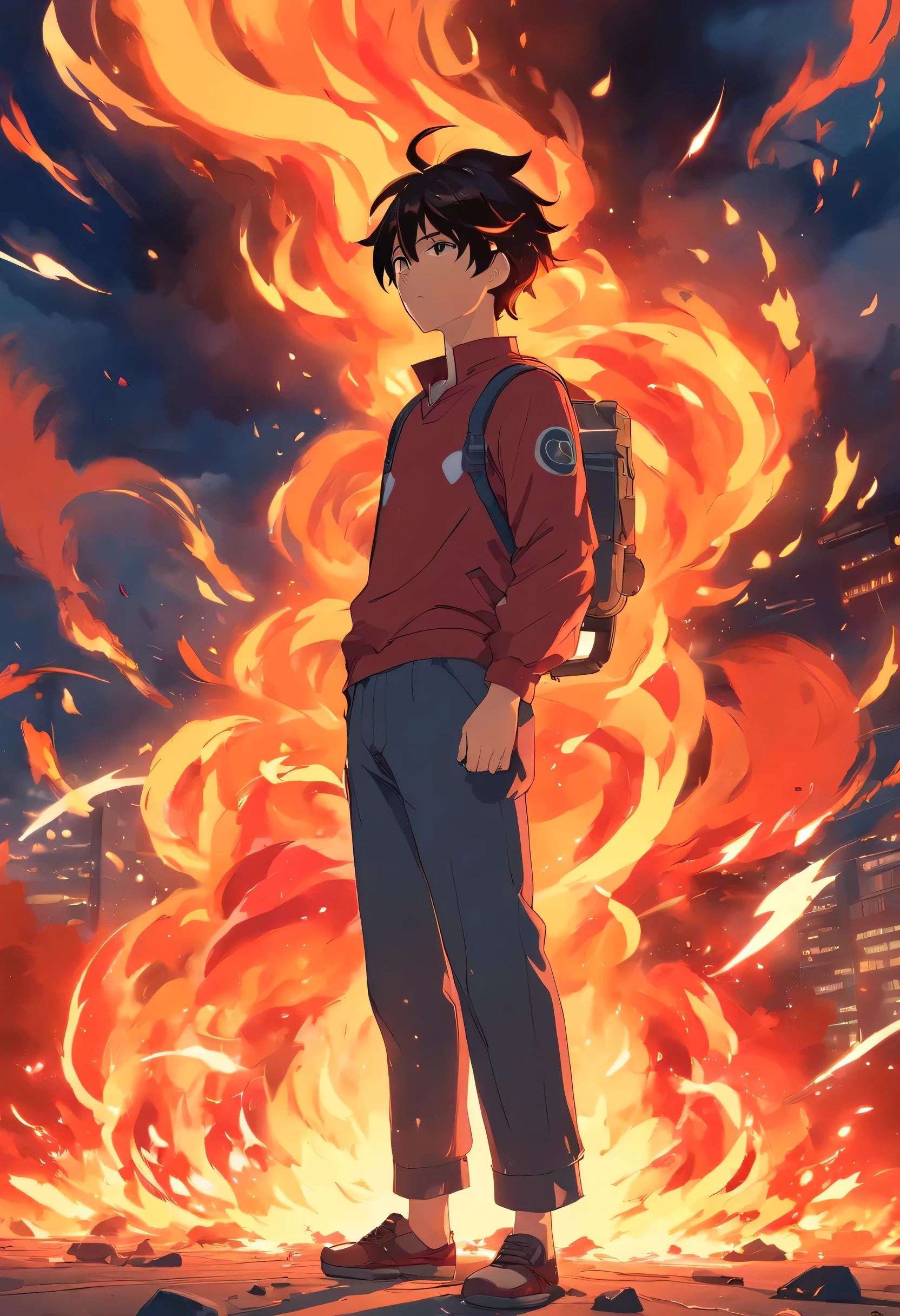 A man made of red and black fire with big ears and a fire covering his body and he is tired of the battle and ready to extinguish all his energy