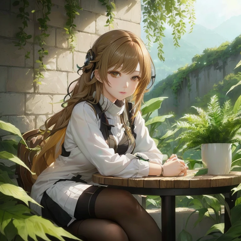 anime girl sitting at a table with a plant in her hand, anime girl with long hair, anime visual of a cute girl, beautiful anime portrait, smooth anime cg art, attractive anime girl, young anime girl, portrait of an anime girl, portrait anime girl, from girls frontline, girls frontline style, beautiful anime girl, fine details. girls frontline, girls frontline cg