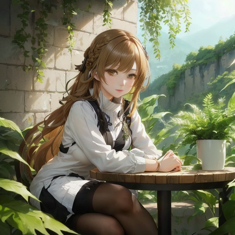 anime girl sitting at a table with a plant in her hand, anime girl with long hair, anime visual of a cute girl, beautiful anime portrait, smooth anime cg art, attractive anime girl, young anime girl, portrait of an anime girl, portrait anime girl, from girls frontline, girls frontline style, beautiful anime girl, fine details. girls frontline, girls frontline cg
