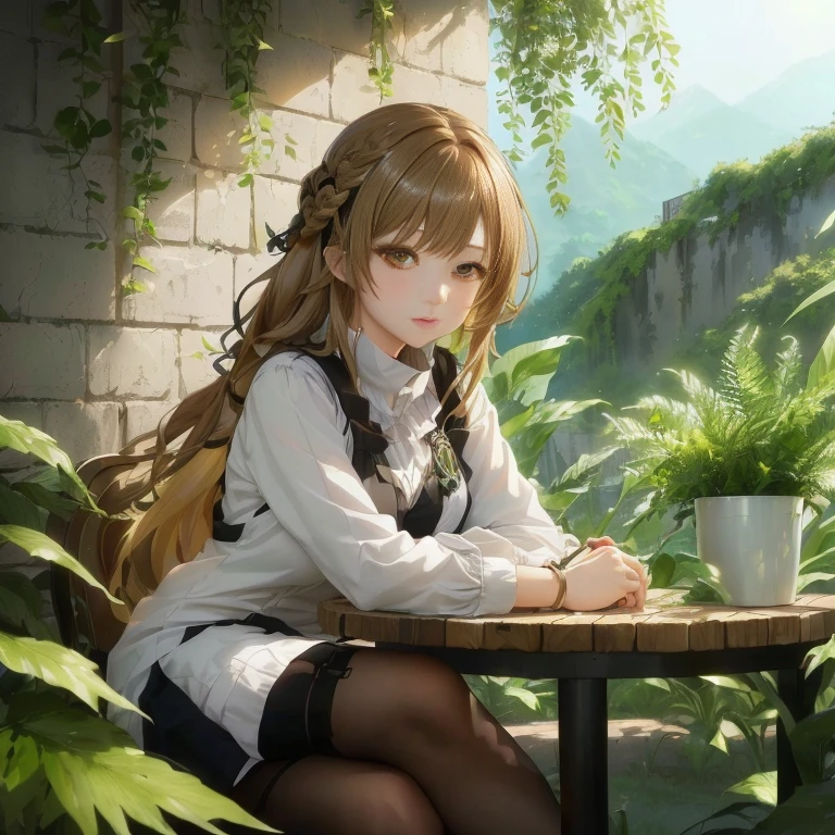 anime girl sitting at a table with a plant in her hand, anime girl with long hair, anime visual of a cute girl, beautiful anime portrait, smooth anime cg art, attractive anime girl, young anime girl, portrait of an anime girl, portrait anime girl, from girls frontline, girls frontline style, beautiful anime girl, fine details. girls frontline, girls frontline cg