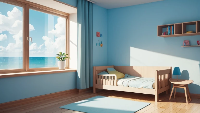 minimalist design with a miniature interior. Children's room with wide open windows facing the sea. Beautiful room accessories children's cartoon animated film style, very detailed, 4k, 8k resolution