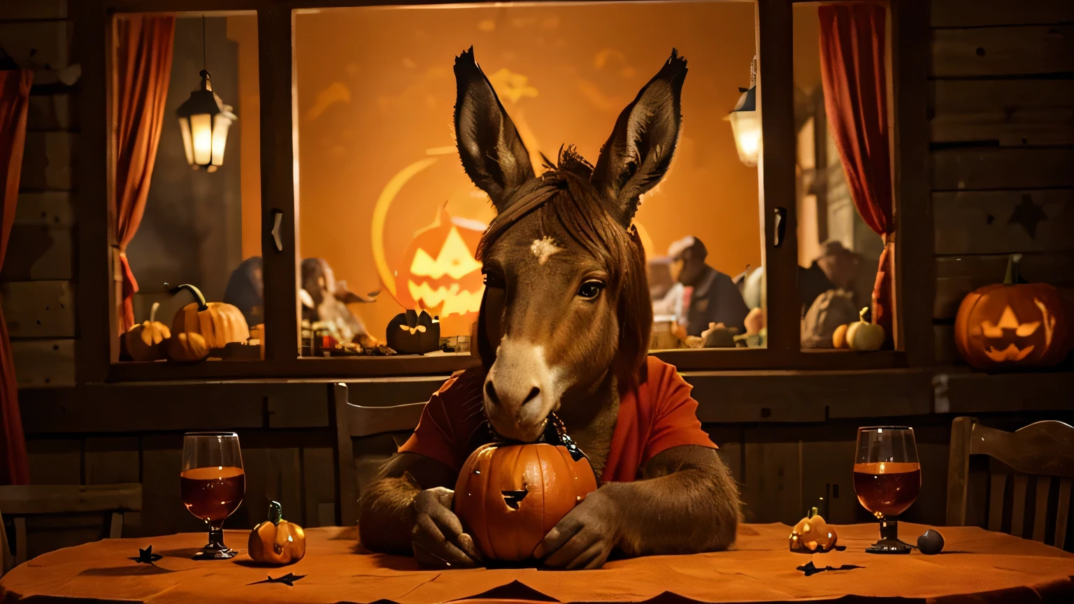 a donkey with red clothes sitting at a table with a pumpkin , donkey, super realistic food picture, by Dechko Uzunov, halloween art style, very accurate photo, 🍂 cute, donkey ears, halloween, holiday season, disney pixar art