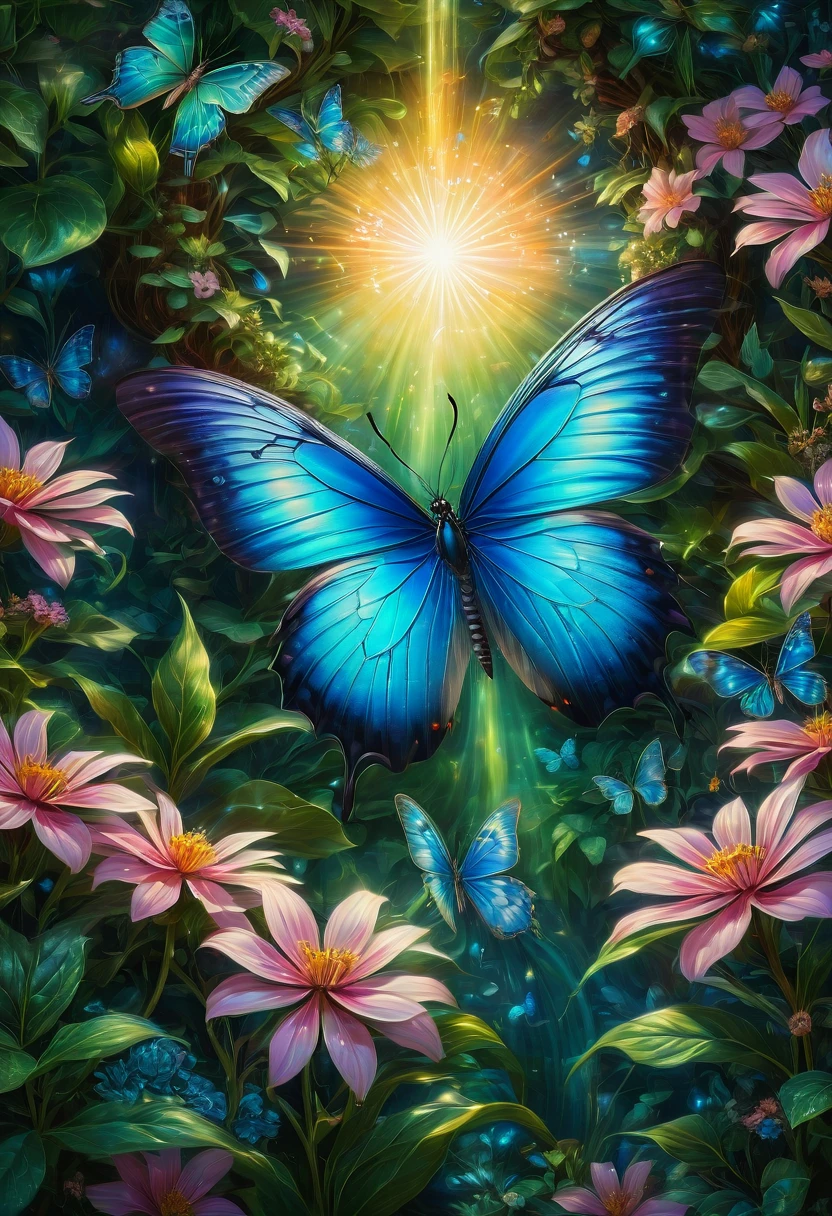 blue butterfly, aesthetic, (best quality,4k,8k,highres,masterpiece:1.2),ultra-detailed,(realistic,photorealistic,photo-realistic:1.37),colorful, vibrant, shimmering blue butterfly, delicate, intricate wings, graceful movement, flourishing garden, blooming flowers, sun-kissed petals, lush green foliage, ethereal atmosphere, magical illumination, whimsical, iridescent patterns, sparkling sunlight, gentle breeze, serene ambiance, artful composition, soft focus, mesmerizing beauty, naturalistic rendering, captivating contrast, exquisite details, dreamlike quality, surrealistic touch