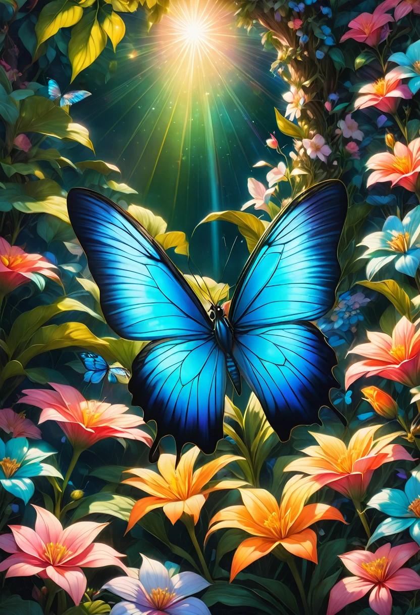 blue butterfly, aesthetic, (best quality,4k,8k,highres,masterpiece:1.2),ultra-detailed,(realistic,photorealistic,photo-realistic:1.37),colorful, vibrant, shimmering blue butterfly, delicate, intricate wings, graceful movement, flourishing garden, blooming flowers, sun-kissed petals, lush green foliage, ethereal atmosphere, magical illumination, whimsical, iridescent patterns, sparkling sunlight, gentle breeze, serene ambiance, artful composition, soft focus, mesmerizing beauty, naturalistic rendering, captivating contrast, exquisite details, dreamlike quality, surrealistic touch