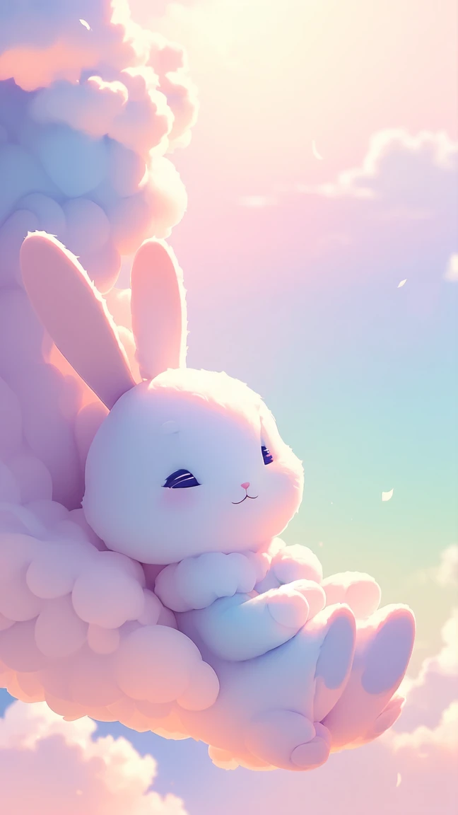 Bunny Morphing Girl, fluffy, soft ((highest quality)), ( Extremely detailed, Best details, Official Art, Beauty and aesthetics: 1.2), Depth of written border, composition, whole body, (a bit), (Beautiful and detailed: 1.3), (wonderful:1), Colorful clouds blurred background