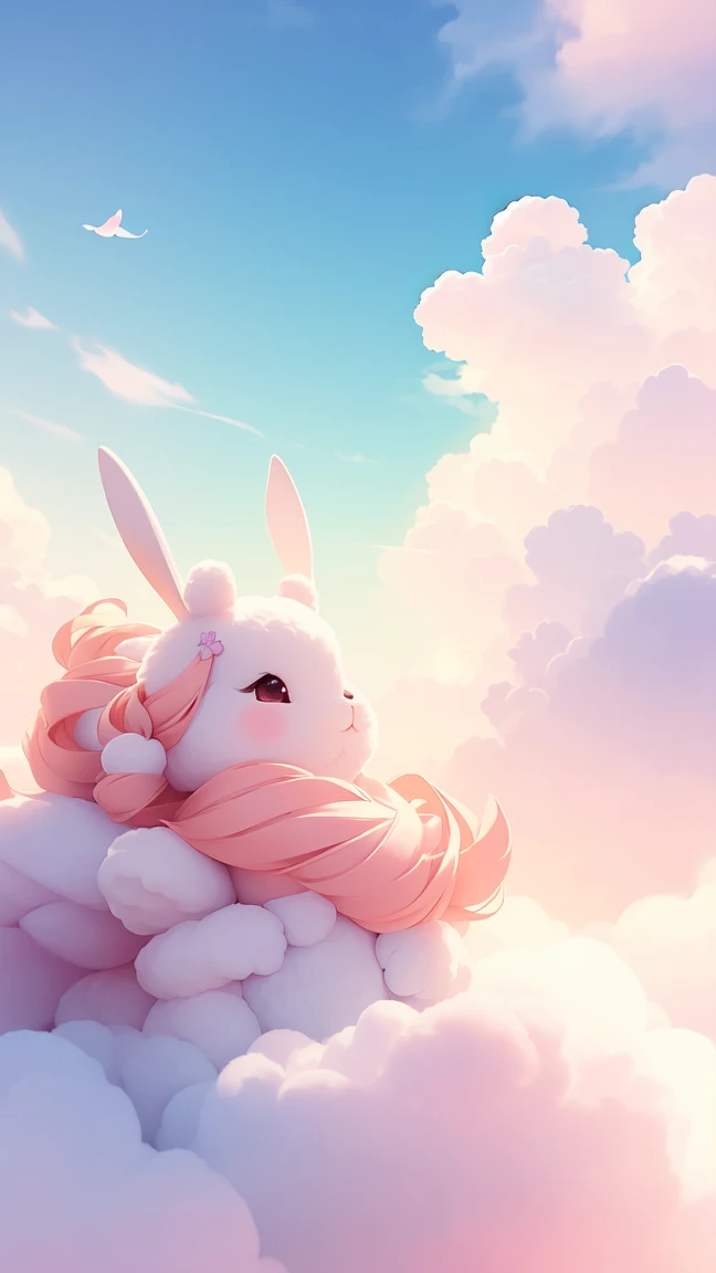 Bunny Morphing Girl, fluffy, soft ((highest quality)), ( Extremely detailed, Best details, Official Art, Beauty and aesthetics: 1.2), Depth of written border, composition, whole body, (a bit), (Beautiful and detailed: 1.3), (wonderful:1), Colorful clouds blurred background