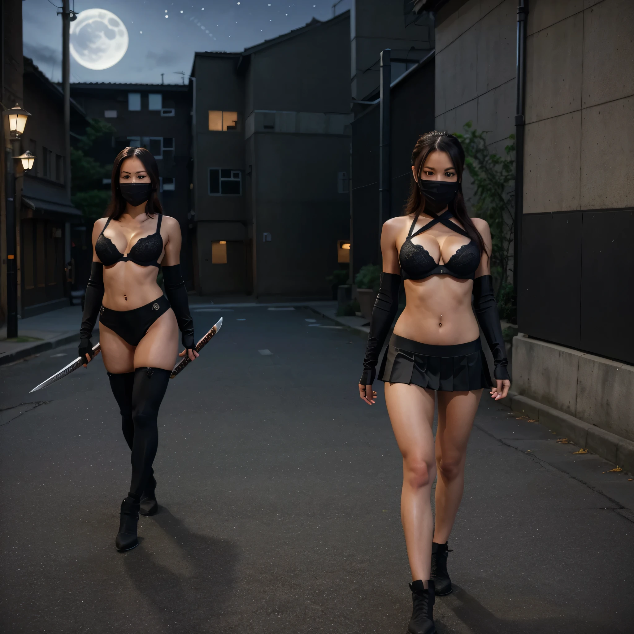 full body image, a female ninja wearing a mask, plump, toned body, ninja outfit with short skirt. In her hand she held a long katana sword, walking towards the camera. Street scene with tall buildings at midnight. The moonlight shines brightly above. Drawing detailed eyes, perfect face, masterpiece, Full body, bra, underwear, black_underwear, detailed body drawing,