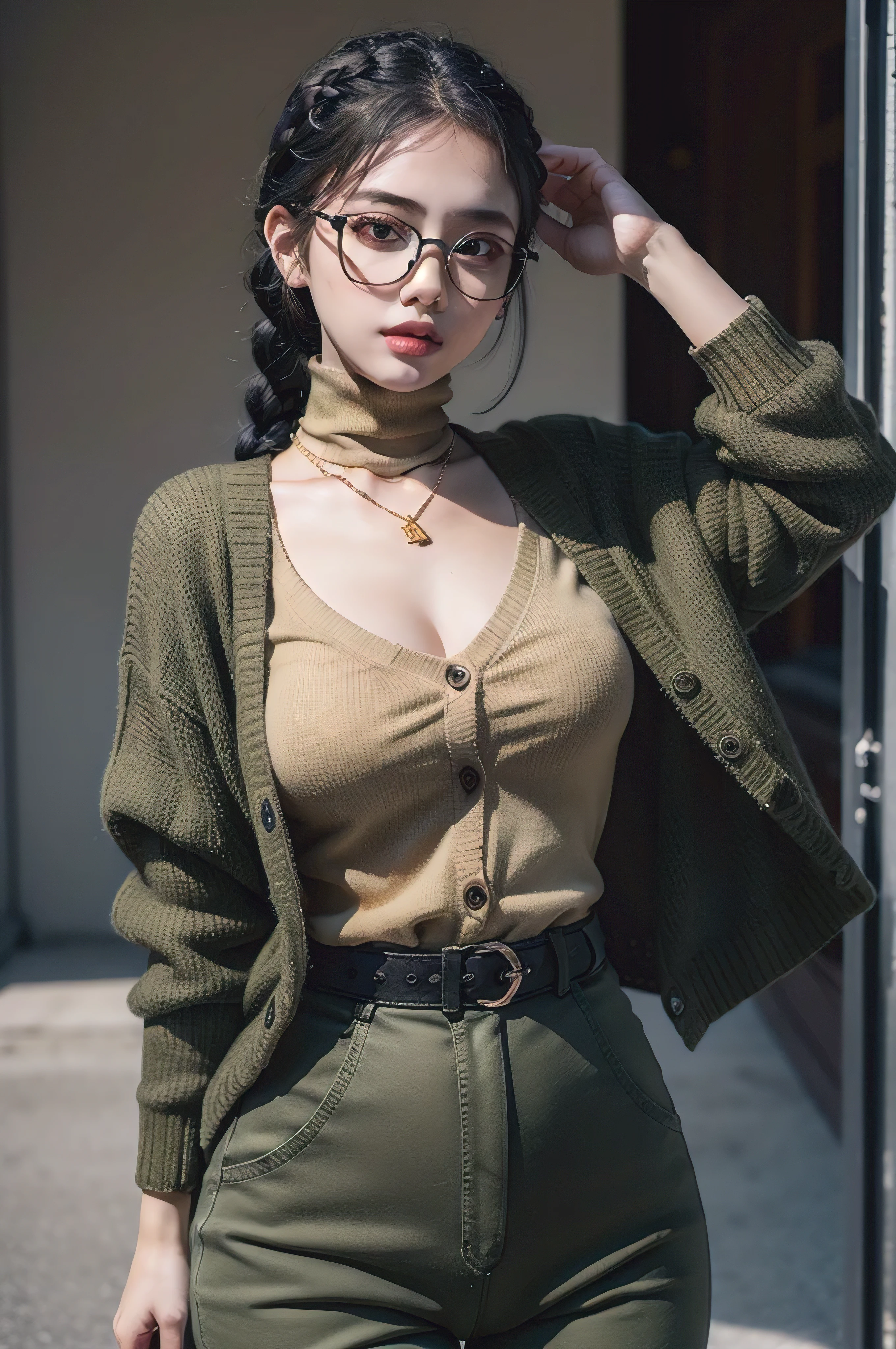 (masterpiece1.5),adult lady,Huge breasts,Solo,(((braid))), Long hair, half-opened mouth,(Red Frame Glasses),(Black hair), (large eyes with double eyelids),(Thick lip),(lofty nose),(High gauge (tight fitted:1.1) (Black:1.3) turtle neck:1.1), (Tuck-in:1.3), (Orange Cardigan:1.2), (checkered (Dark olive green) Tapered pants:1.3), Dark brown belt, Gold necklace, (Dark brown:1.1) lowfers,Nice backgrounds for your subject、beatiful backgrounds、spot light、Vibrant colors、(((Detailed drawing)))、Perfect Beautiful Girl