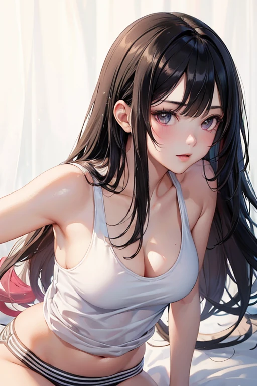 (((masterpiece))), (((best quality))), ((ultra-detailed)), (highly detailed CG illustration), Boa Hancock, (masterpiece:1.5), Detailed Photo, Sexy, (Best Quality: 1.4), (1girl), Beautiful Face, (Black Hair, long Hair: 1.3), Beautiful Hairstyle, beautiful detail eyes, (realistic skin), beautiful skin, absurd, attractive, ultra high resolution, high definition,  Pinkish white skin, cool white light, sexy pose, Beautiful , white background, pink soft white light, Wear a white tank top, teenage girl, sexy