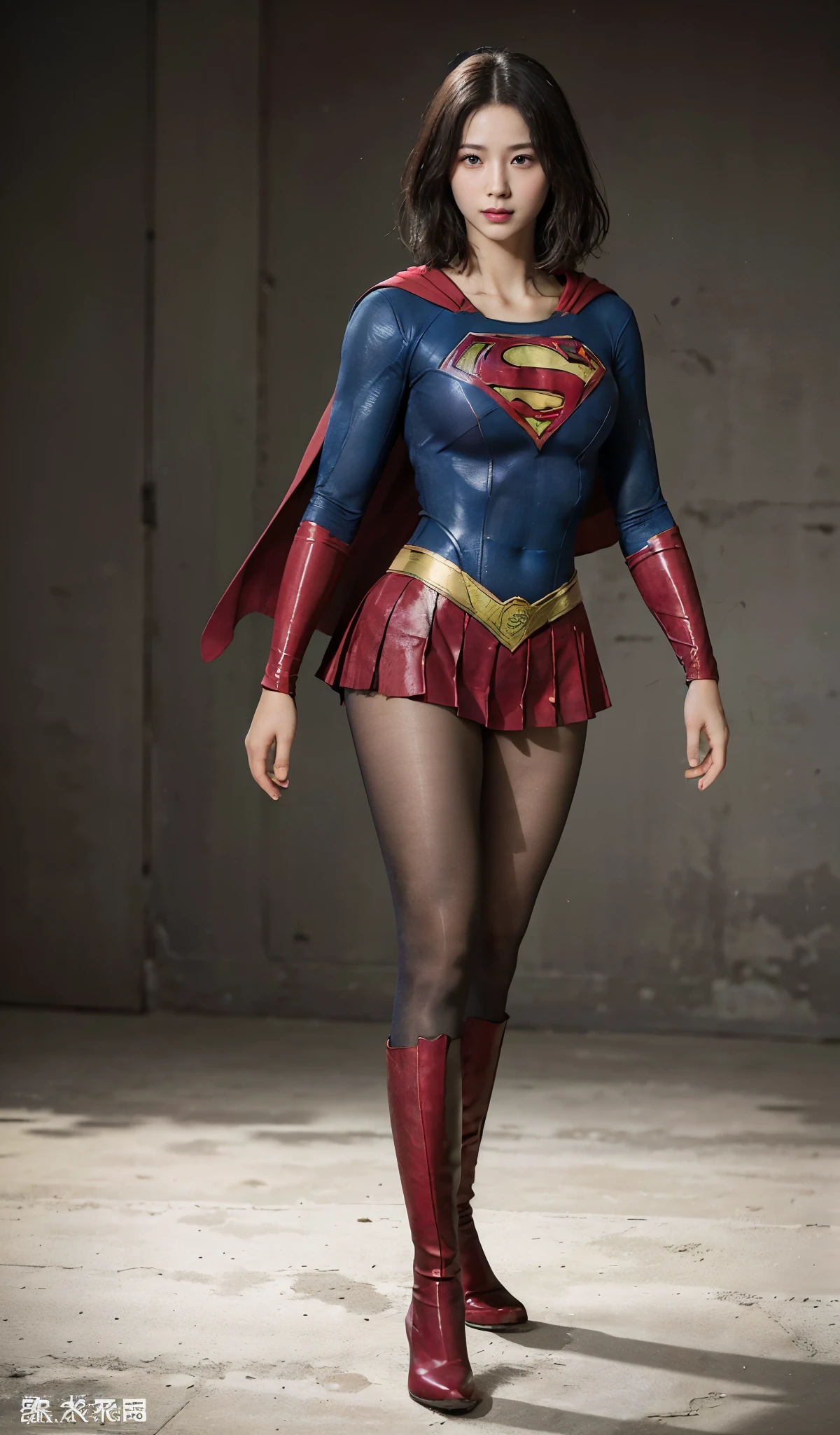 No background、(((Beautiful legs in black tights.)))、(((Legally express the beauty of your smile)))、((((Make the most of your original images)))、(((Supergirl Costume)))、(((Beautiful boyish short hairstyle)))、(((suffering)))、(((Please wear black tights....、Wear red boots)))、((Best image quality、8k))、((highest quality、8k、masterpiece:1.3))、(((Preserve background )))、Sharp focus:1.2、Beautiful woman with perfect figure:1.4、Slim Abs:1.2、Wet body:1.5、Highly detailed face and skin texture、8k