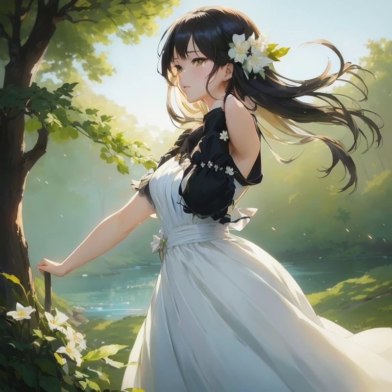 anime girl in a white dress standing in front of a tree, beautiful anime portrait, artwork in the style of guweiz, beautiful anime, guweiz on pixiv artstation, beautiful anime girl, anime style 4 k, anime art wallpaper 8 k, cute anime waifu in a nice dress, guweiz on artstation pixiv, guweiz