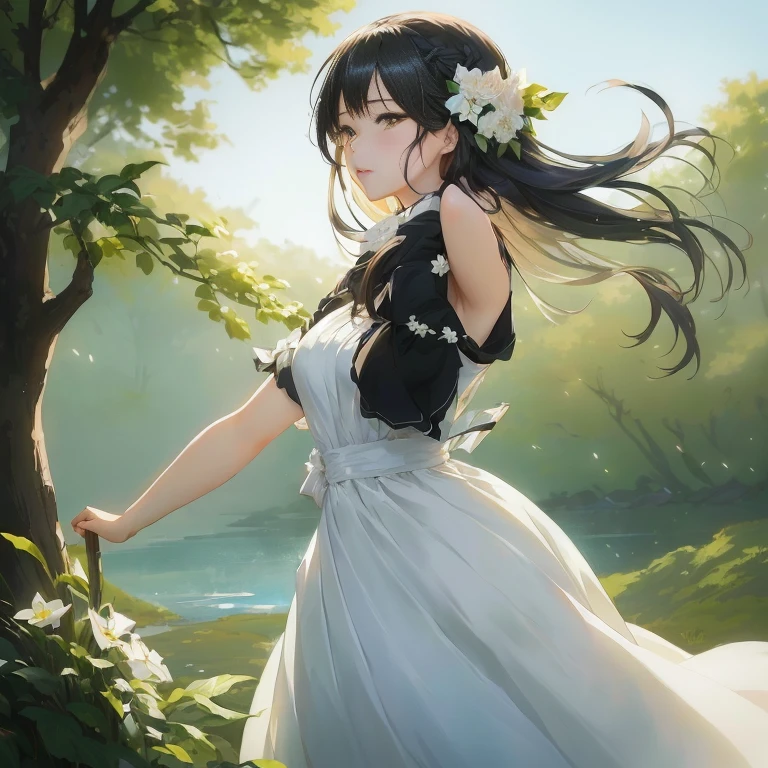 anime girl in a white dress standing in front of a tree, beautiful anime portrait, artwork in the style of guweiz, beautiful anime, guweiz on pixiv artstation, beautiful anime girl, anime style 4 k, anime art wallpaper 8 k, cute anime waifu in a nice dress, guweiz on artstation pixiv, guweiz