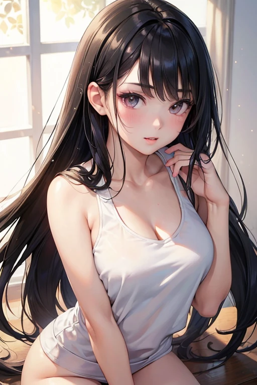 (((masterpiece))), (((best quality))), ((ultra-detailed)), (highly detailed CG illustration), Boa Hancock, (masterpiece:1.5), Detailed Photo, Sexy, (Best Quality: 1.4), (1girl), Beautiful Face, (Black Hair, long Hair: 1.3), Beautiful Hairstyle, beautiful detail eyes, (realistic skin), beautiful skin, absurd, attractive, ultra high resolution, high definition,  Pinkish white skin, cool white light, sexy pose, Beautiful , white background, pink soft white light, Wear a white tank top, teenage girl, sexy