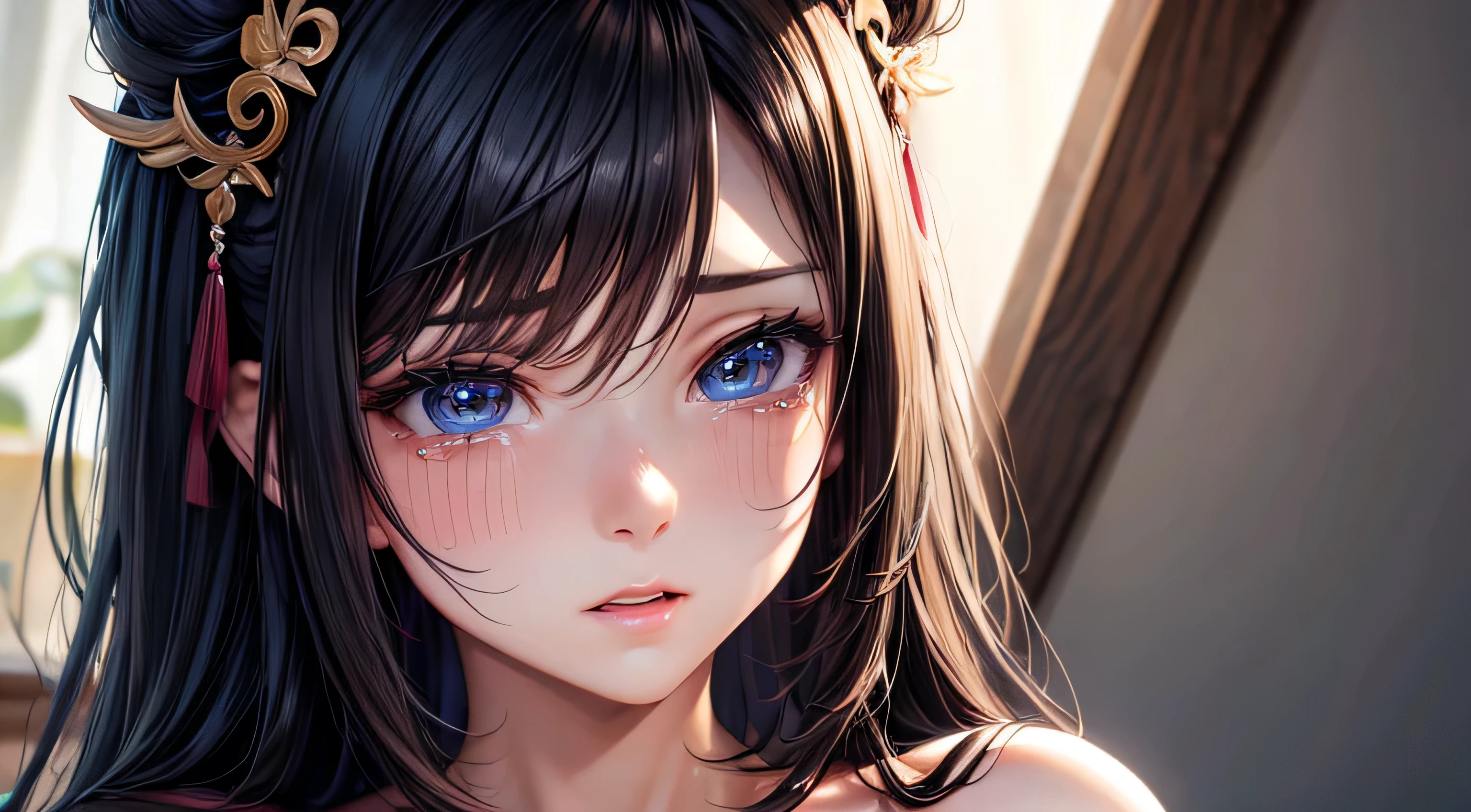 Crying face Perfect and detailed facial expression Perfect and detailed eye depiction Perfect and detailed hair Perfectly detailed upper body Perfect and detailed breast depiction