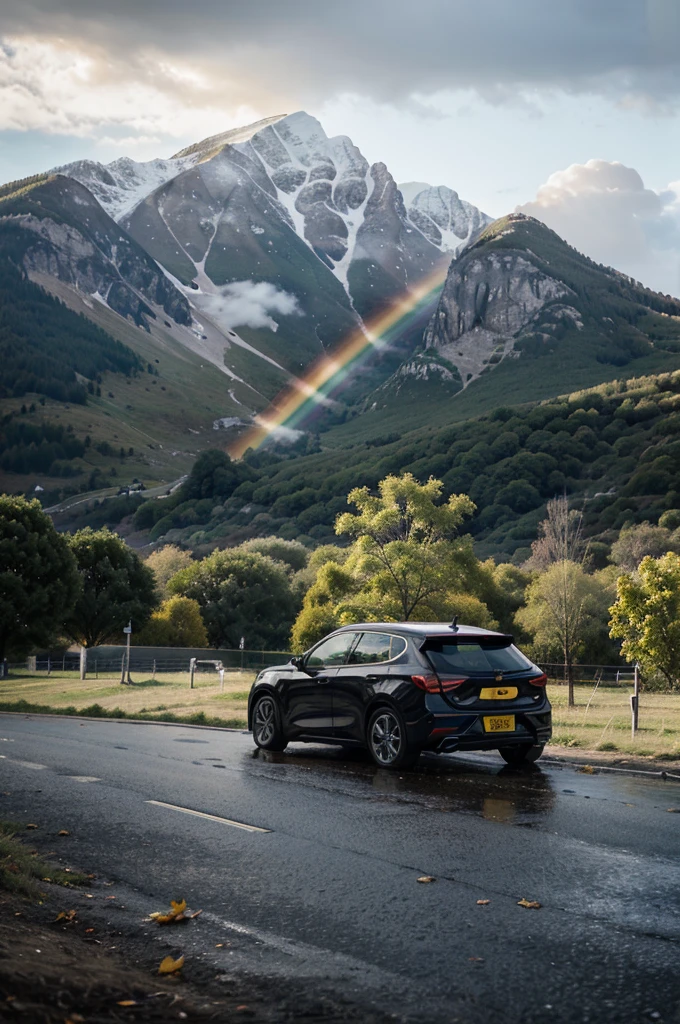 [15:18, 28.04.2024] Vusal13: The image of a chevrolet brand car half fallen on the camera from the back, leaves are also raining on the ground and the reflection of the chevrolet can be seen from the water, there are yellow leaves everywhere on the ground and a building in the back, it is early in the morning, but it is rainy in the air
[15:28, 28.04.2024] Vusal13: have raindrops on the camera and have a rainbow behind the mountain scenery in the image and have a black color on the rainbow as well
[15:28, 28.04.2024] Vusal13: also, let the weather be clear and the sky very clear, but let there be some morning or two in the sky, but let there be a star or two, and let there be some animals on the mountain, visible to the eye, but small as well,8K,UHD,HDR