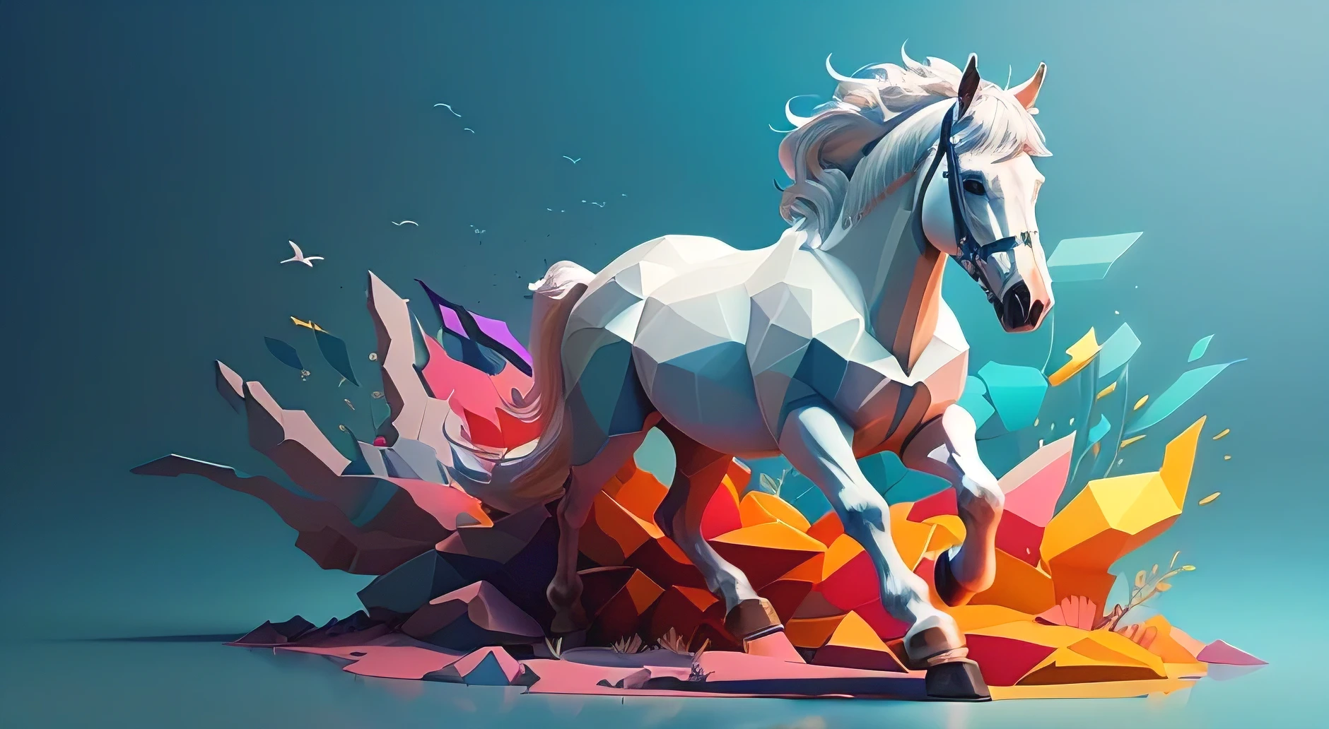 araffe with a white horse running through a colorful field, 3d digital art 4k, super detailed color lowpoly art, 4k highly detailed digital art, 4k detailed digital art, 4 k hd illustrative wallpaper, low-poly digital art, high quality hd digital art, digital art 4 k, digital art 4k, beautiful art uhd 4 k