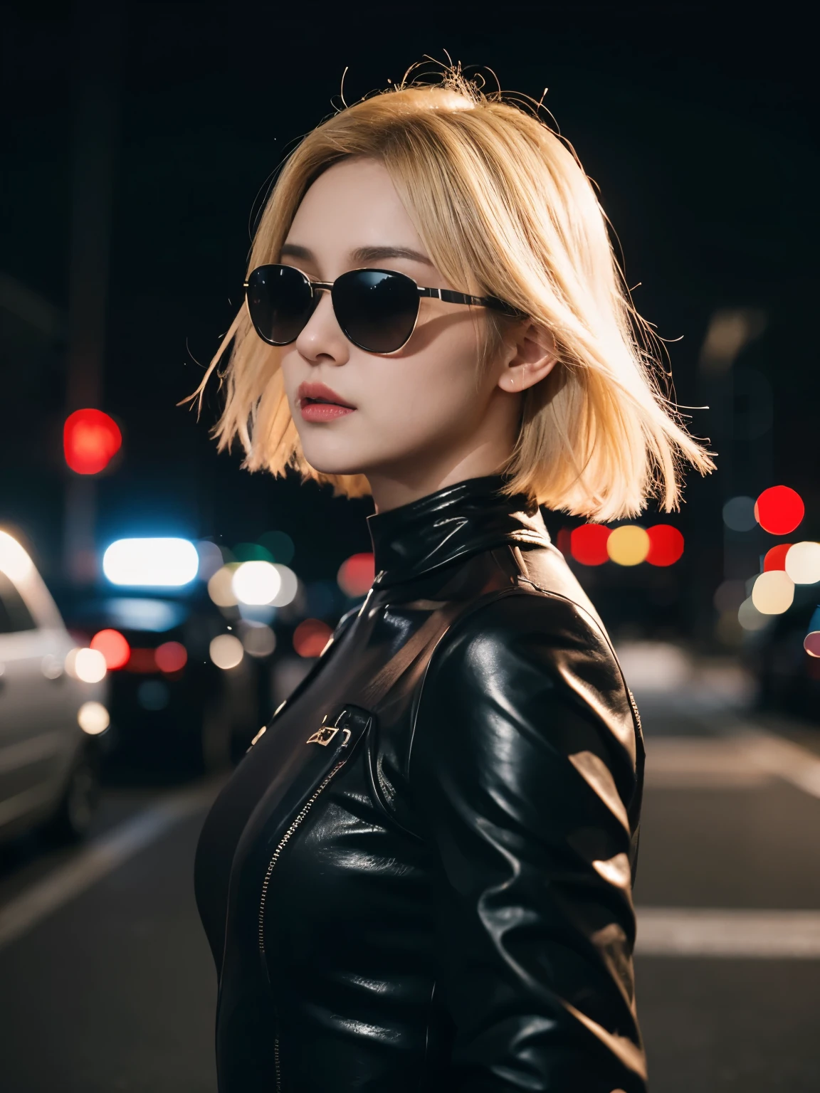 Portrait、Cosplay、Blonde Bob Hair、Wearing black sunglasses、((All black bodycon outfit))、Midnight Kabukicho、The whole body is visible、Hair blowing in the wind、Model walking、matrix、A scene from a movie、Stylish Photo