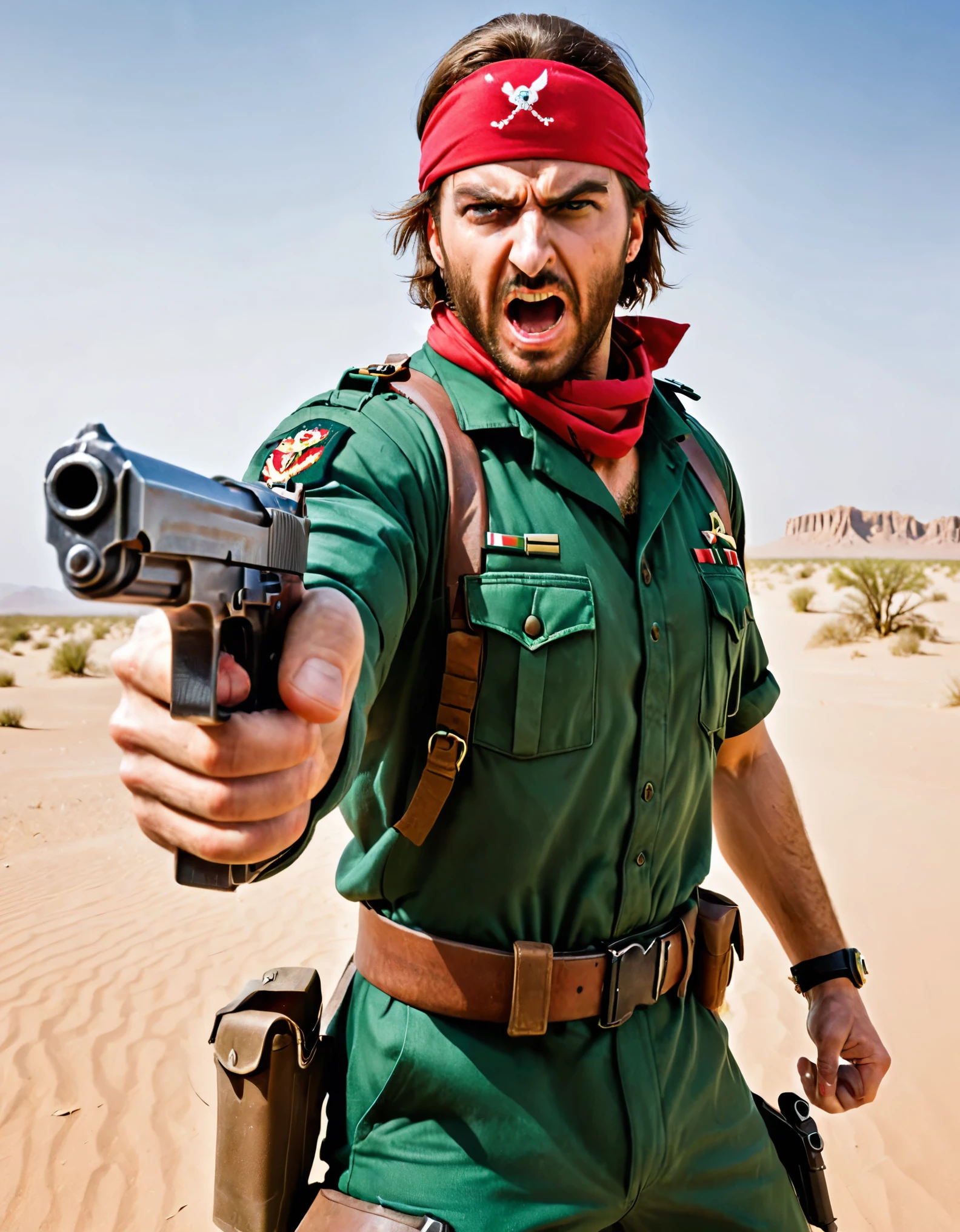 male focus, solo, solo focus, mercenary, brown hair, hazel eyes, facial hair, bullet belt, green uniform, combat boots, red bandana, (pointing a pistol at the viewer, desert eagle) (angry, screaming, open mouth), war zone