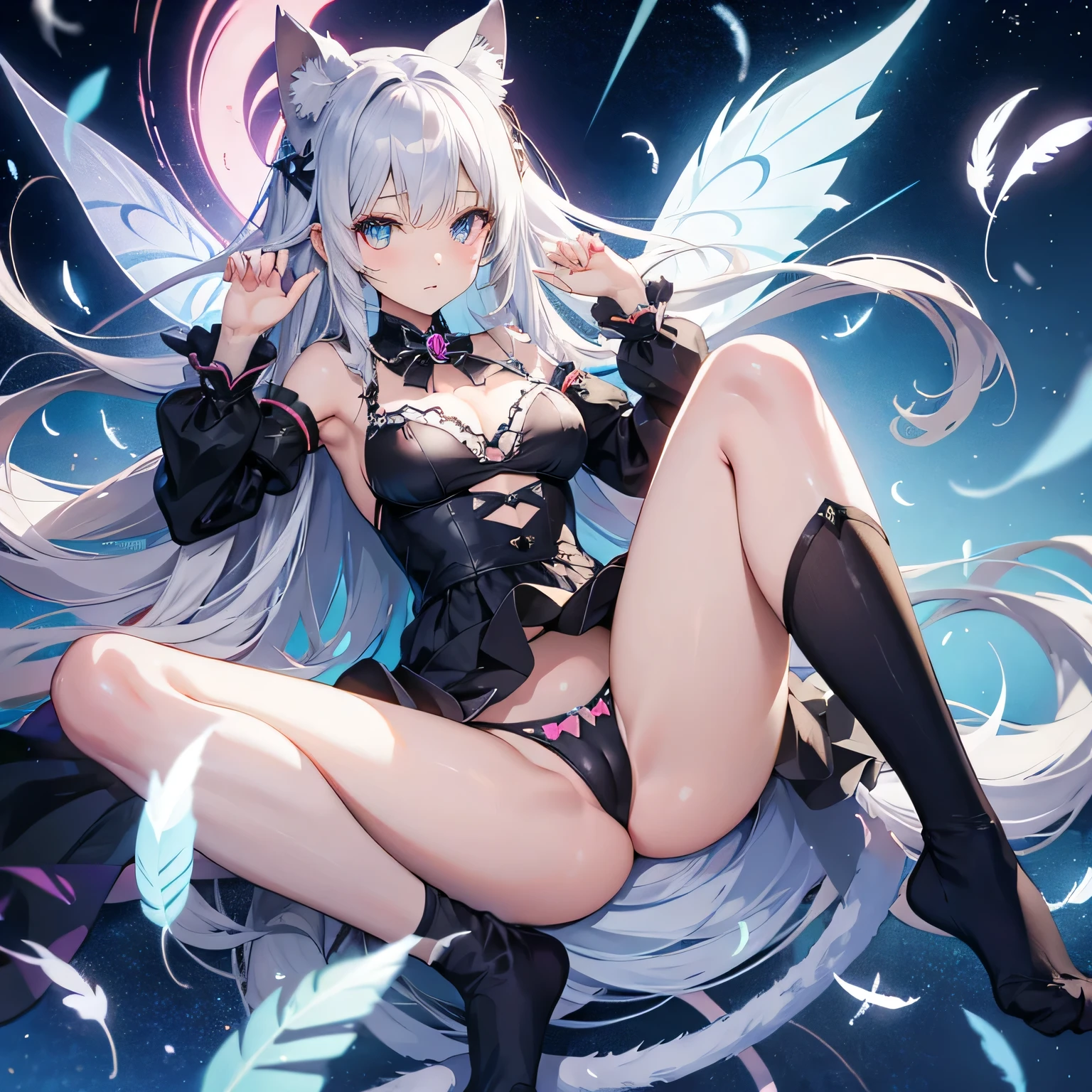anime, cat ears , E cup, silver long hair, sexy, fairy, fluttering feathers, lens flare, spread legs, legs up