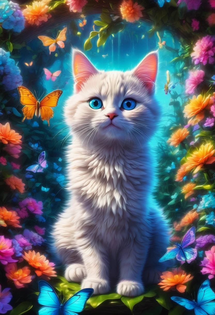 blue butterfly, aesthetic, An adorable grey and white kitten with upright ears playfully pounces among butterflies in a color-filled garden on a bright spring day. Radiant in the sunlight, its curious blue eyes epitomize cute animals. Pixar, Disney, concept art, 3d digital art, Maya 3D, ZBrush Central 3D shading, bright colored background, radial gradient background, cinematic, Reimagined by industrial light and magic, 4k resolution post processing