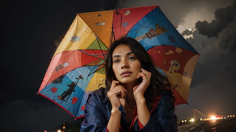 A colorful Women braves the storm, sheltering under a vibrant umbrella.