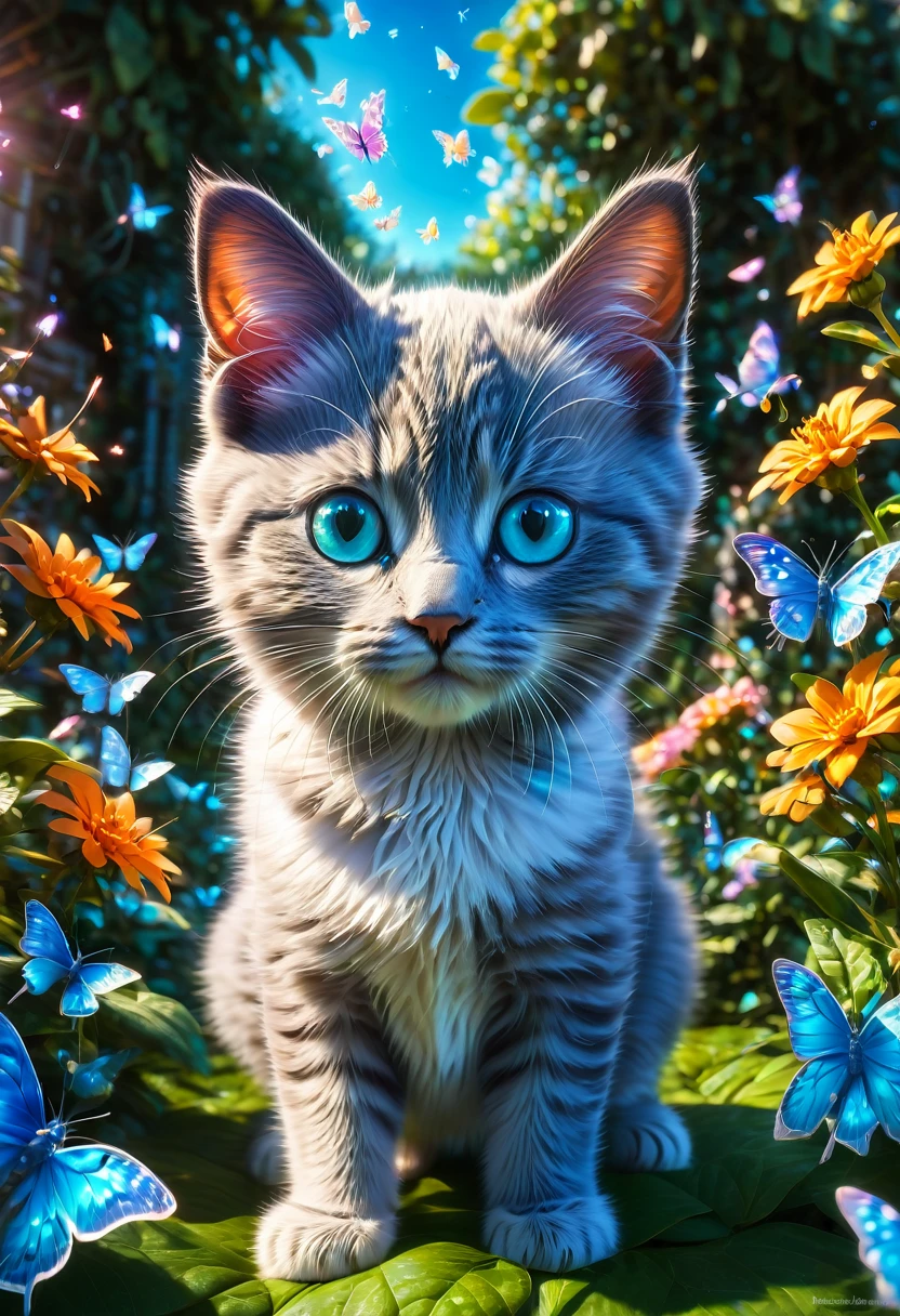 blue butterfly, aesthetic, An adorable grey and white kitten with upright ears playfully pounces among butterflies in a color-filled garden on a bright spring day. Radiant in the sunlight, its curious blue eyes epitomize cute baby animals. Pixar, Disney, concept art, 3d digital art, Maya 3D, ZBrush Central 3D shading, bright colored background, radial gradient background, cinematic, Reimagined by industrial light and magic, 4k resolution post processing