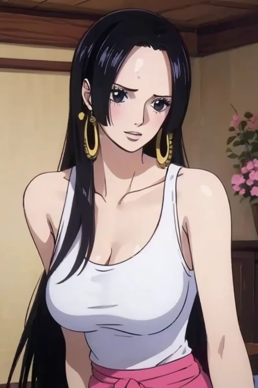 (((masterpiece))), (((best quality))), ((ultra-detailed)), (highly detailed CG illustration), Boa Hancock, (nsfw:1.5), (masterpiece:1.5), Detailed Photo, Sexy, (Best Quality: 1.4), (1girl), Beautiful Face, (black Hair, long Hair: 1.3), Beautiful Hairstyle, beautiful detail eyes, (realistic skin), beautiful skin, absurd, attractive, ultra high resolution, high definition, (sexually aroused:1.5), Pinkish white skin, cool white light, sexy pose, Beautiful , white background, pink soft white light, Wear a white tank top, (bukkake:1.8), mature, onee-san