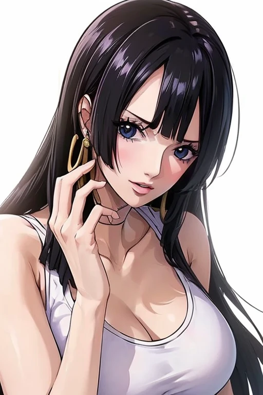 (((masterpiece))), (((best quality))), ((ultra-detailed)), (highly detailed CG illustration), Boa Hancock, (masterpiece:1.5), Detailed Photo, Sexy, (Best Quality: 1.4), (1girl), Beautiful Face, (Black Hair, long Hair: 1.3), Beautiful Hairstyle, beautiful detail eyes, (realistic skin), beautiful skin, absurd, attractive, ultra high resolution, high definition,  Pinkish white skin, cool white light, sexy pose, Beautiful , white background, pink soft white light, Wear a white tank top, teenage girl, sexy