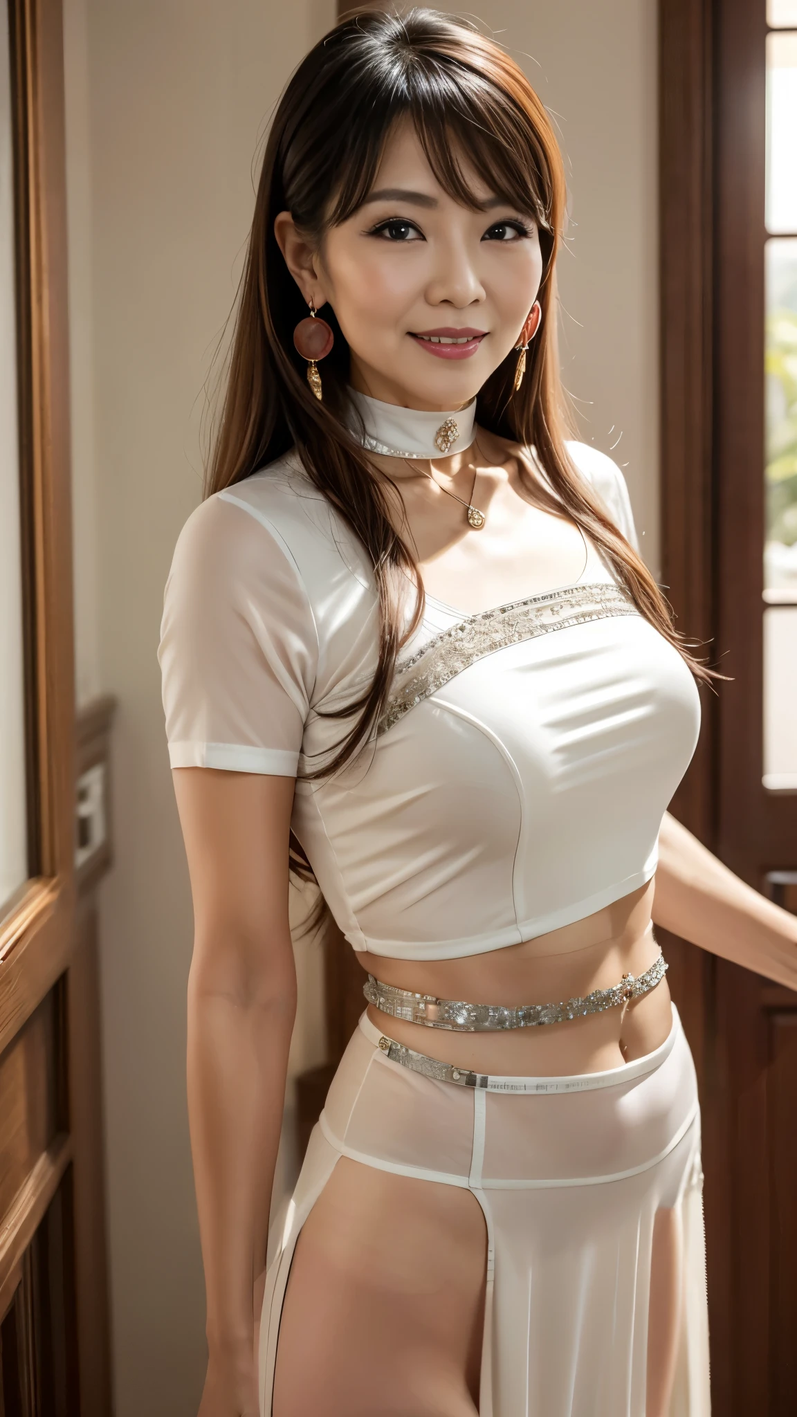 (((smile)))、(Open Stance)、 ((A tight-fitting white lace T-shirt)), ((Staring at the audience))、((White shorts))、(Standing with legs open to the sides)、((Sexy young woman&#39;s body:1.4)),