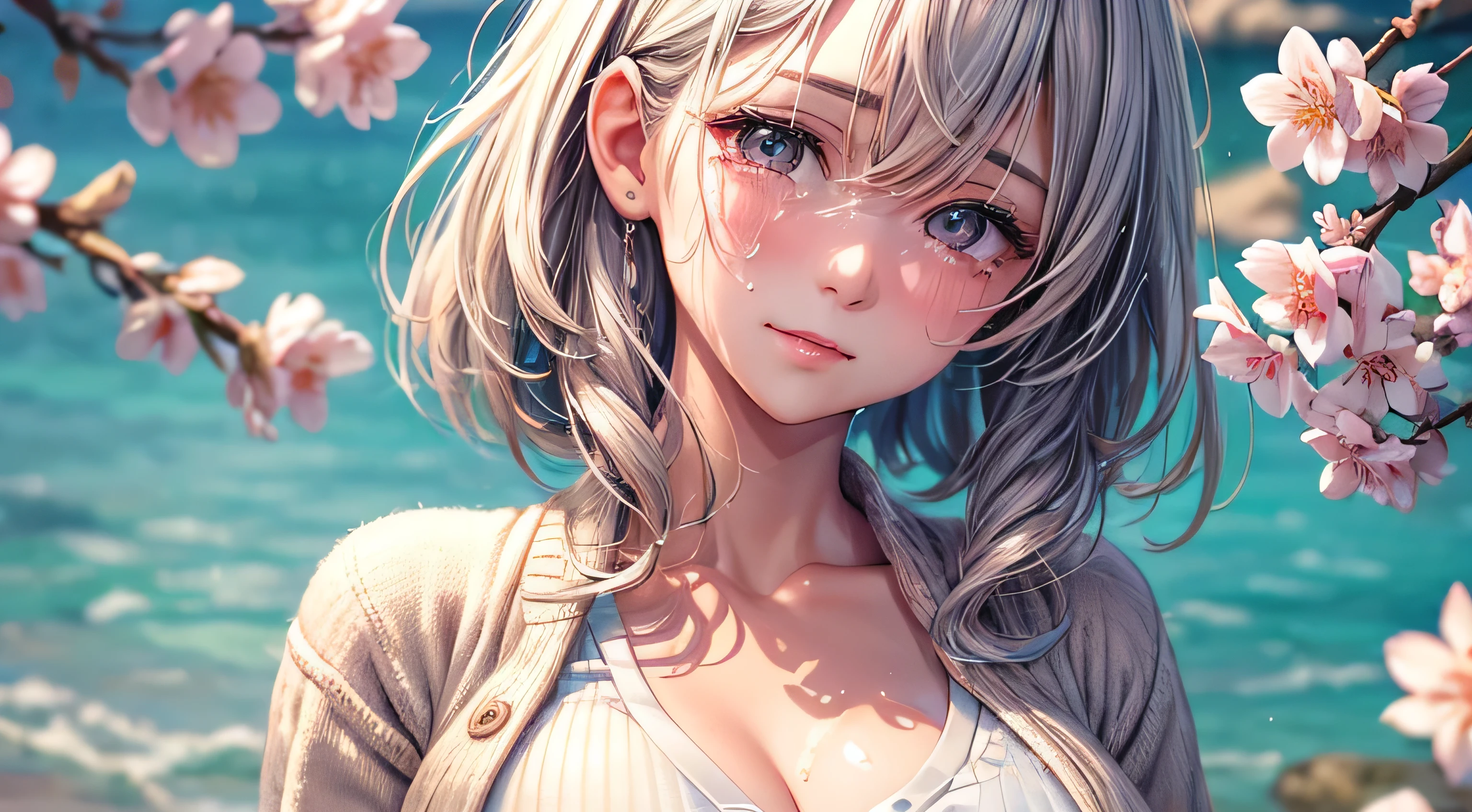 Crying face Watery eye cherry blossom cardigan Perfect and detailed facial expression Perfect and detailed eye depiction Perfect and detailed hair Perfectly detailed upper body Perfect and detailed breast depiction