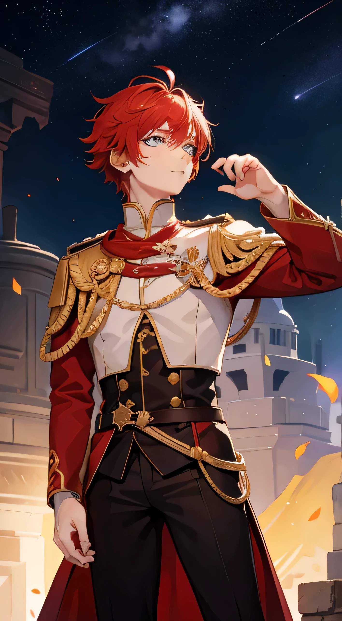 A red hair boys trying to reach up the stars while crying.Wearing a prince cloth with full of crismon diamond.Stars light background