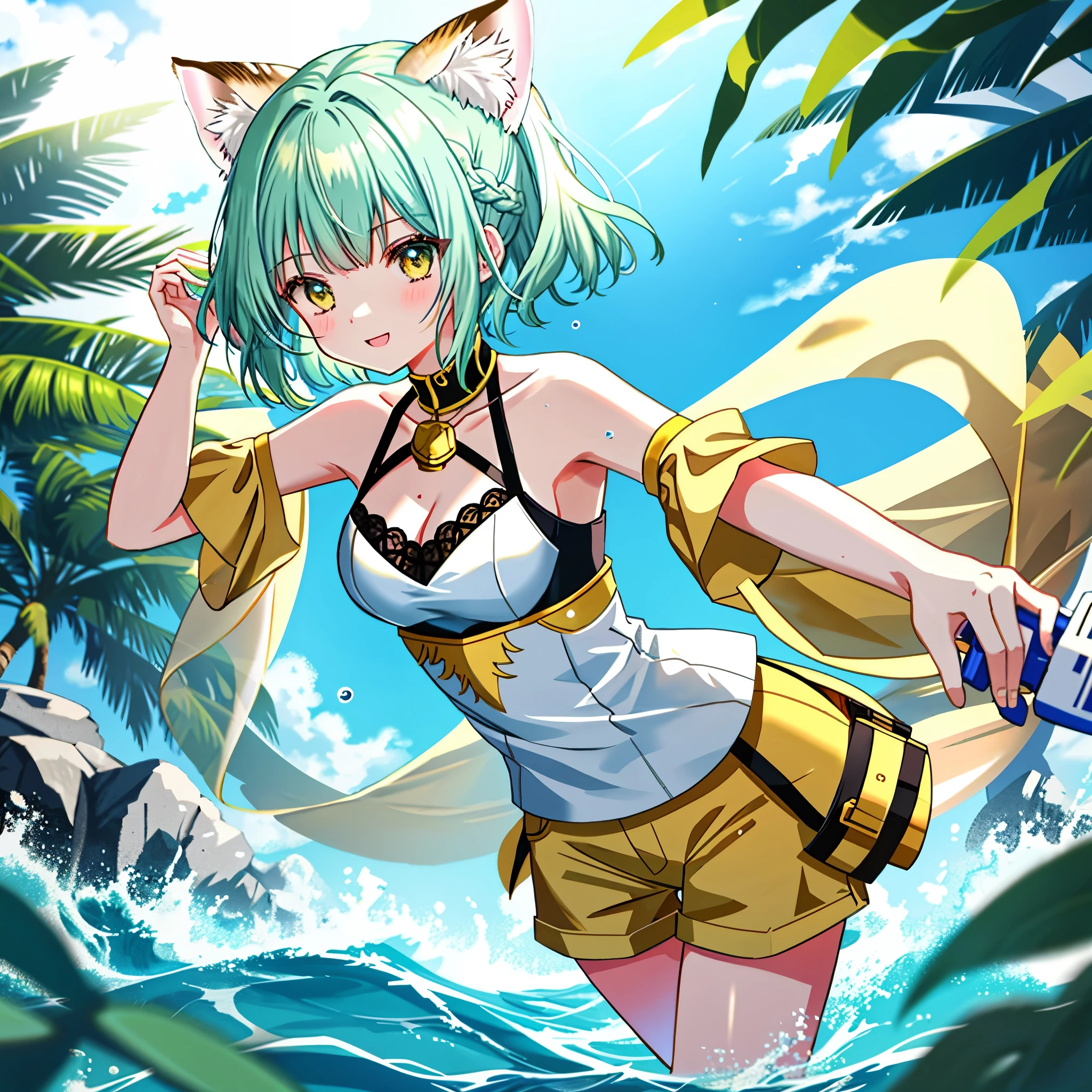 # AI Illustration Prompt for Seat

- **Character**: A single female character, a 23-year-old sand cat beast-female.
- **Theme**: Bathing in an oasis.
- **Worldview**: A fusion of anime and manga, where the boundary between fantasy and reality is blurred.
- **Body**:armpits, bare shoulders, breasts, caustics, collarbones, big breasts, moles, skin depressions, stomach, thighs, moist . She is wet from the water.
- **Skin color**: Light skin tone.
- **Kemomimi and tail**: Sand cat.
- **Outfit**: Wet short hot pants and a modern Egyptian-style top.
- **Outfit color**: Blue.
- **Hairstyle**: A combination of long hair, ponytail, twin tails, bob cut, and long braids.
- **Hair color**: Mainly gold, with a little bit of blue and green as a gradient.
- **Wings**: None.
- **Props**: A water gun splashing water droplets.
- **Emotion**: Laughing happily.
- **Movement**: Shooting water with a water gun.
- **Perspective**: The character is in the foreground, with the oasis in the background.
- **Composition**: The character is placed in the center of the screen, surrounded by the oasis.
- **Background**: A lush oasis in the desert.
- **Background color**: Add as a sub (gold, blue, green "main", light blue, yellow, silver, deep red "sub").
- **Lighting**: Natural light during the day.
- **Style**: High-resolution official artwork or very detailed and elaborate fan art style that is trending on ArtStation or Pixiv. Please refer to the original paintings of Kusheart Krentz, feminine style, Fate style, Enako style, Nozomi Sasaki style Also incorporate real anime 2.5D style or real anime girls style.
- **Quality improvement**: Aim for absurd, highest quality, real, hyper-real, ultra-detailed illustrations using the golden ratio 1.2 and drafting board 1.3. Create a beautiful masterpiece with a large file size created in 64K. The resolution of the face is also high, and the lighting is perfectly finished. The resolution is 8K, ultra-high resolution: 1.2, selectable high resolution (HD, 4