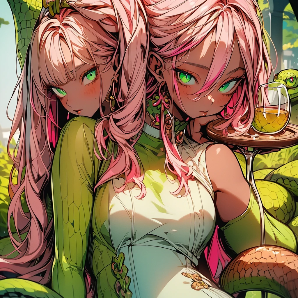 ((best quality)), ((masterpiece)), (detailed), perfect face, girl holding a glass of wine, a snake on her arm coiling her, brown skin, long light pink hair, straight, without curves, green eyes, wearing a long white dress,