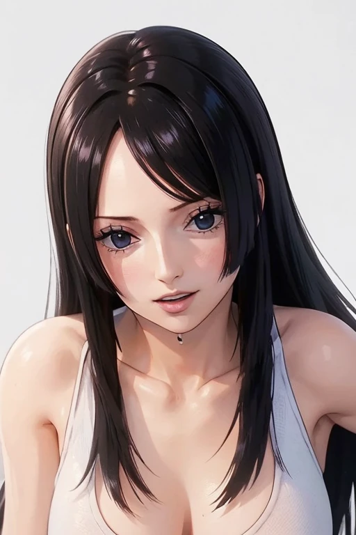 (((masterpiece))), (((best quality))), ((ultra-detailed)), (highly detailed CG illustration), Boa Hancock, (masterpiece:1.5), Detailed Photo, Sexy, (Best Quality: 1.4), (1girl), Beautiful Face, (Black Hair, long Hair: 1.3), Beautiful Hairstyle, beautiful detail eyes, (realistic skin), beautiful skin, absurd, attractive, ultra high resolution, high definition, Pinkish white skin, cool white light, sexy pose, Beautiful , white background, pink soft white light, Wear a white tank top, teenage girl, sexy