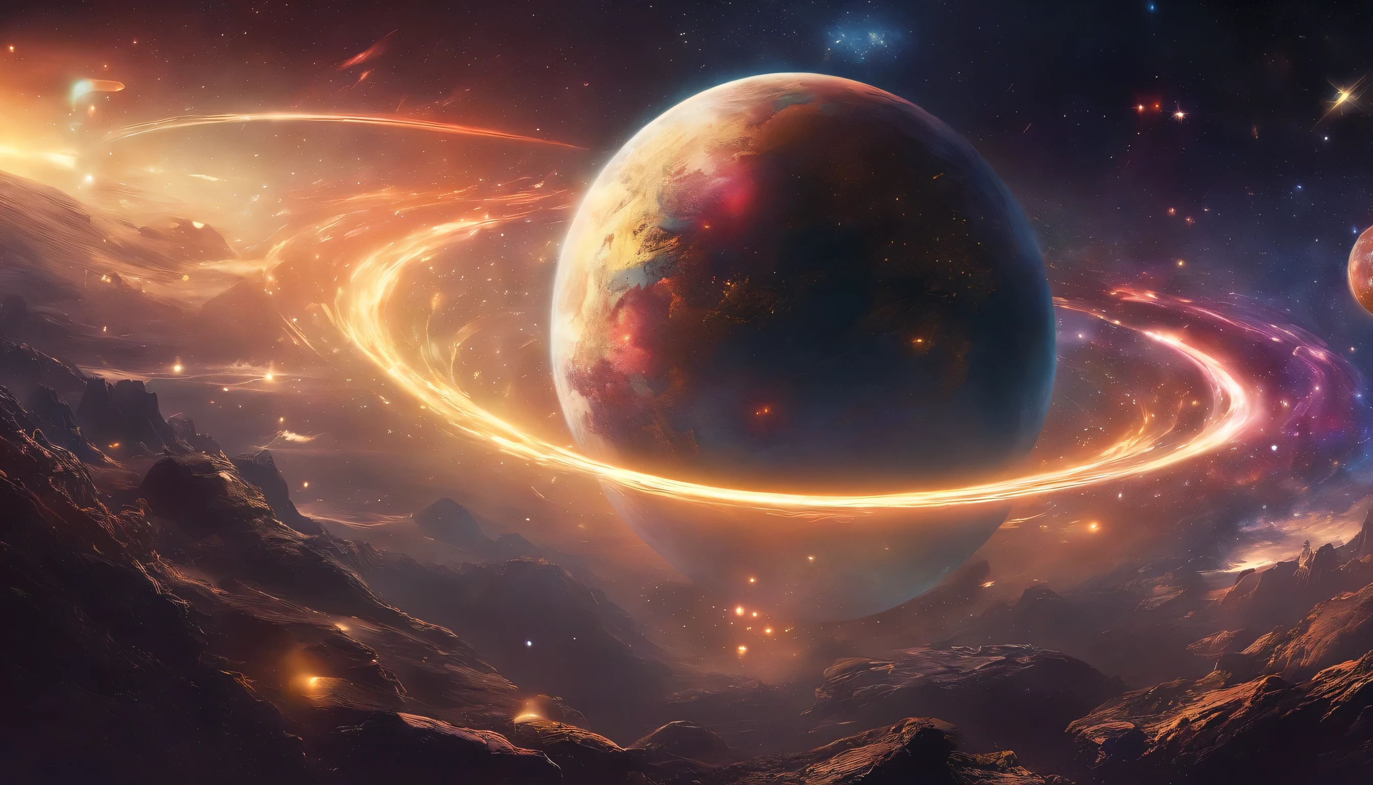 (best quality,4k,highres,masterpiece:1.2),ultra-detailed,realistic,space,golden hand,holding,planet Earth,against a colorful universe,stars,galaxies,detailed Earth texture,shining/glowing Earth,beautifully illuminated universe,majestic cosmic scene,cosmic dust,stellar clouds,glimmering stars,galaxy spiral arms,vibrant colors,subtle lighting effects