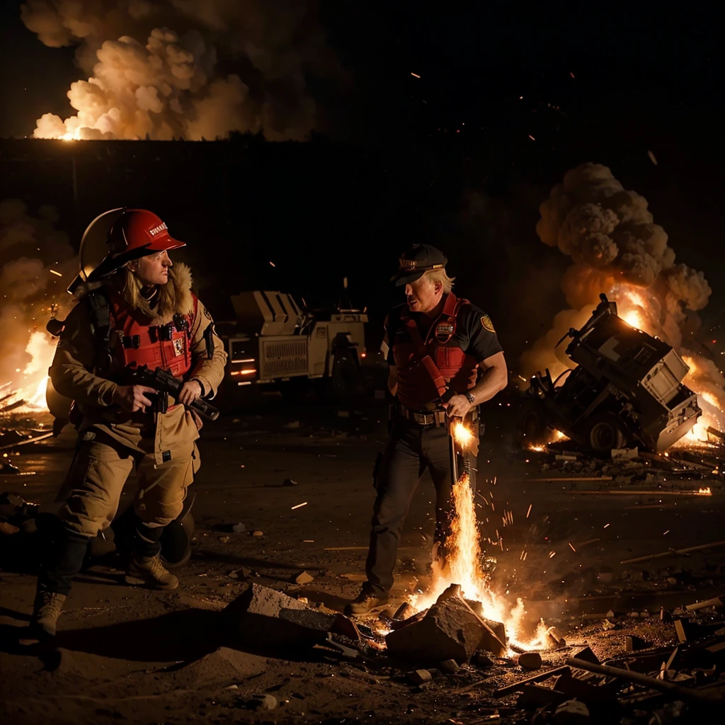 lots people, the apartment is on fire, many people are running away, the fire brigade is preparing to extinguish it (Official art, perfect anatomy, good anatomy, masterpiece, perfect compotition, movie scene)