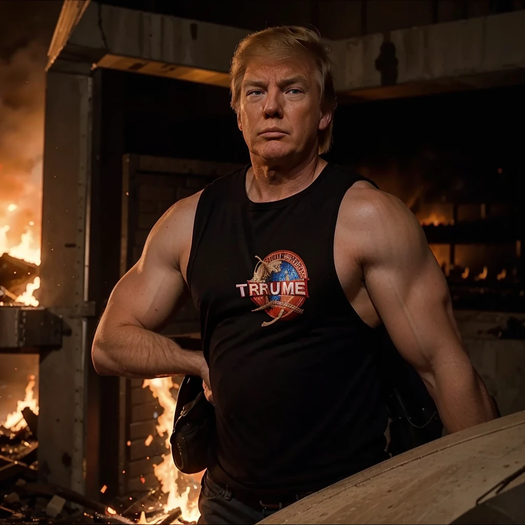 Donald Trump is an action hero, massive explosions, fire all around, Trump is rescuing the damsel