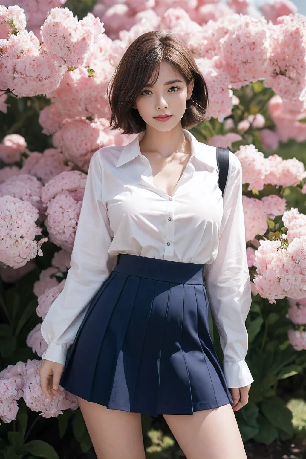 NSFW, 8k RAW photo, top-quality, masterpiece, 超A high resolution, film grains, filmg, 1girl in, looking at the viewers, natural skin textures, realistic eyes and face details, Full lips,, Fluffy short hair, hair messy, A smile, closes mouth, Beautiful legs, Tall lady, skiny, slim_Legs, solo, huge-breasted, The shirt, Beautiful natural places, Around the position of the flower, (Detailed background), sexy school girl uniform