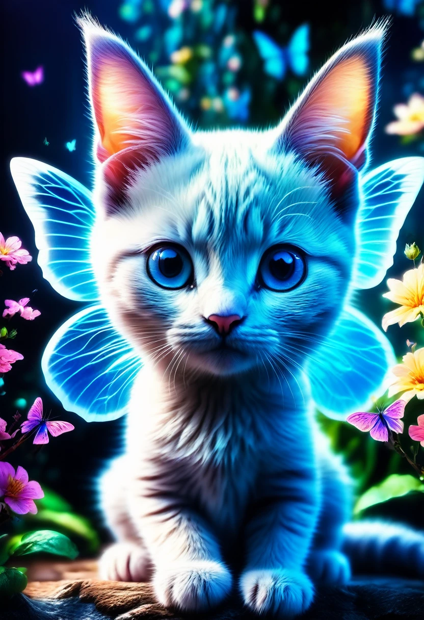 blue butterfly, aesthetic, An adorable grey and white kitten with upright ears playfully pounces among butterflies in a color-filled garden on a bright spring day. Radiant in the sunlight, its curious blue eyes epitomize cute baby animals. Pixar, Disney, concept art, 3d digital art, Maya 3D, ZBrush Central 3D shading, bright colored background, radial gradient background, cinematic, Reimagined by industrial light and magic, 4k resolution post processing